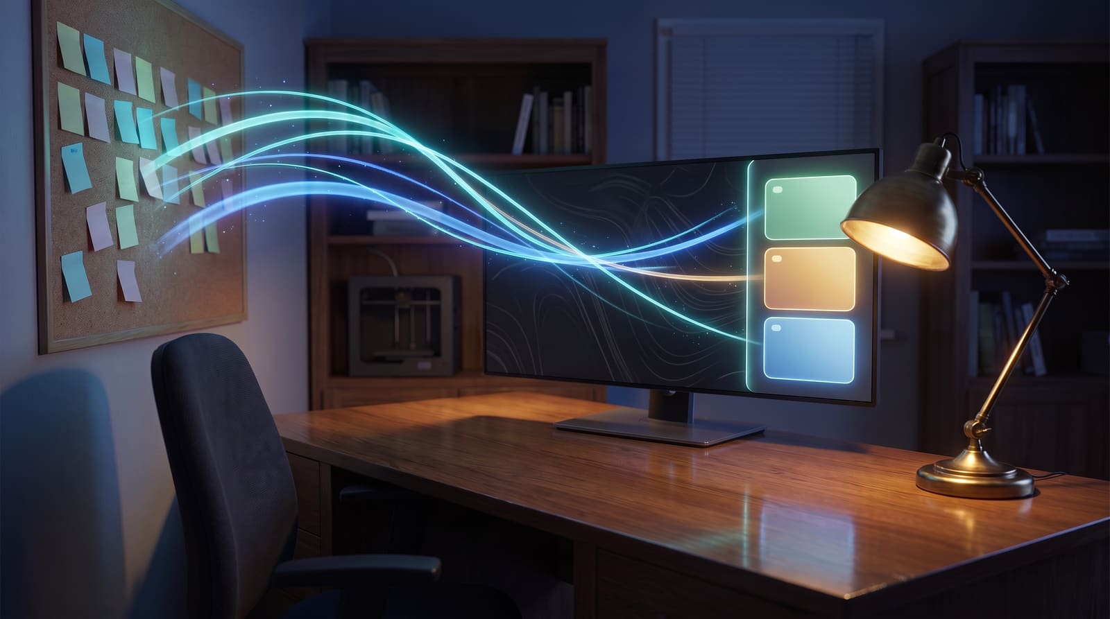 A cork board of sticky notes on a study wall at night. Ribbons of light carry the notes across the room to a side panel on a monitor, where they land as three cards in green, amber and blue.