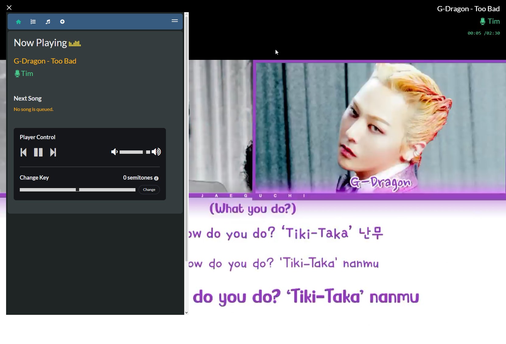 PiKaraoke's player page on the TV: a lyric video with Korean and romanised lines, and the control panel showing the song now playing, player controls and a key-change slider